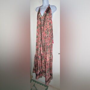 100% Silk Maxi Halter Boho Dress India one size paisley floral w flaws Romantic